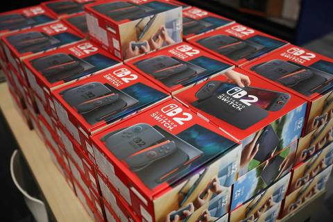 PEMBROKE PINES, FLORIDA - JUNE 05: Nintendo's Switch 2 consoles in boxes are shown at a midnight opening of a Best Buy store on June 05, 2025 in Pembroke Pines, Florida. The Japanese gaming company is releasing the new console eight years after the original version became available.   Joe Raedle/Getty Images/AFP (Photo by JOE RAEDLE / GETTY IMAGES NORTH AMERICA / Getty Images via AFP)