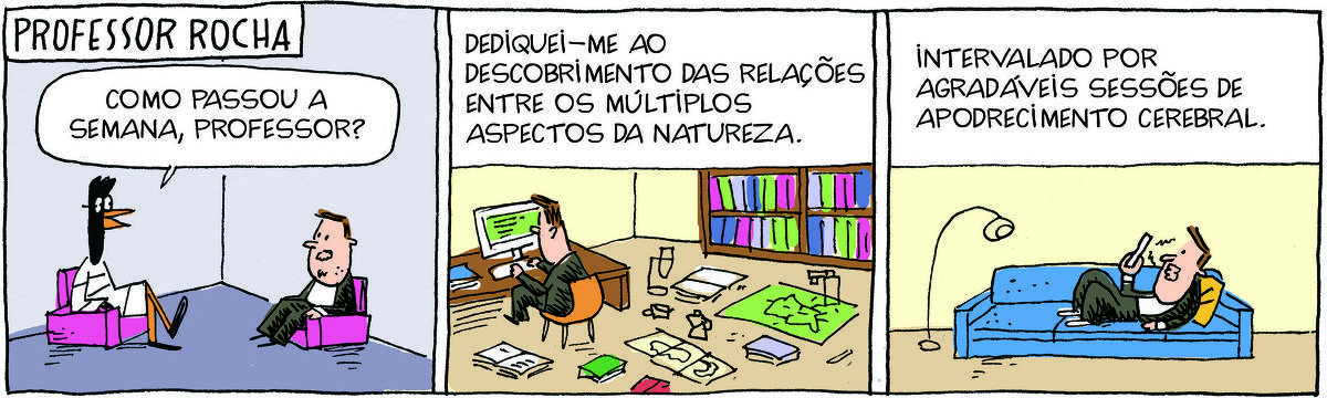A tirinha PROFESSOR ROCHA, publicada em 01/07/2025, com 3 quadrinhos, traz o PROFESSOR ROCHA, homem branco, gordinho, calça e paletó e cavanhaque e a DOUTORA GISLAINE, uma ave preta pernalta, com vestido listado. No quadrinho 1, os dois estão sentados em poltronas em uma sessão de terapia e Gislaine pergunta: Como passou a semana, professor?. No quadrinho 2, o professor trabalha em seu escritório cheio de mapas e livros. Acima, a fala do professor: Dediquei-me ao descobrimento das relações entre os múltiplos aspectos da natureza.  No quadrinho 3, ele está deitado no sofá olhando o celular. A cima, a fala do professor: Intervalado por agradáveis sessões de apodrecimento cerebral.