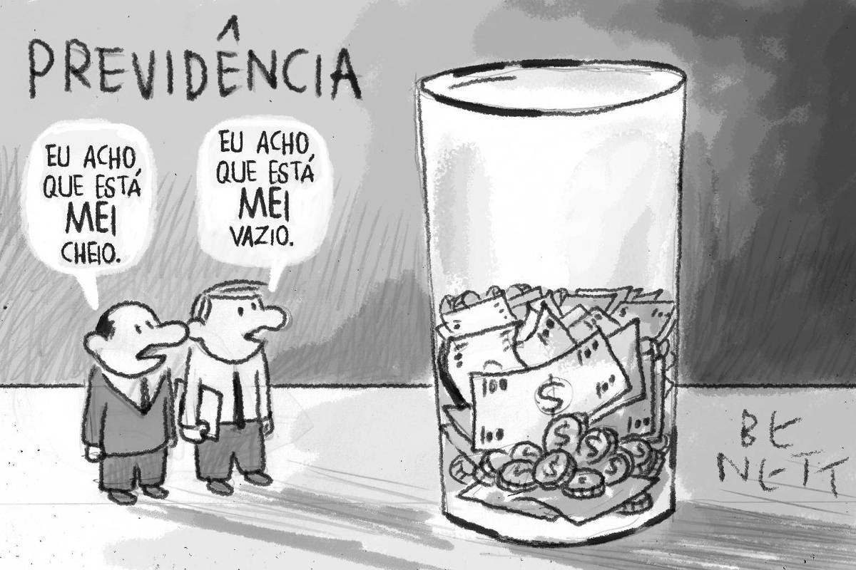 A charge de hoje, publicada pelo Folha em todas as suas plataformas, é de Benett (@cartunistabenett). A imagem é em preto e branco. No canto superior esquerdo, a palavra "PREVIDÊNCIA" está escrita em letras maiúsculas. Do lado esquerdo da imagem, há dois homens de terno conversando. O homem à esquerda, que é mais baixo e careca, tem um balão de fala acima de sua cabeça que diz: "Eu acho que está MEI cheio." O homem à direita, que é mais alto e tem cabelo, tem um balão de fala acima de sua cabeça que diz: "Eu acho que está MEI vazio." No lado direito da imagem, há um grande copo de vidro transparente que contém algumas notas de dinheiro (que parecem ser de 100 unidades, com um cifrão no centro) e várias moedas na parte inferior. 