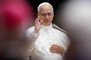 Pope Leo XIV attends a meditation inside St. Peter's Basilica during the Jubilee of Bishops, at the Vatican