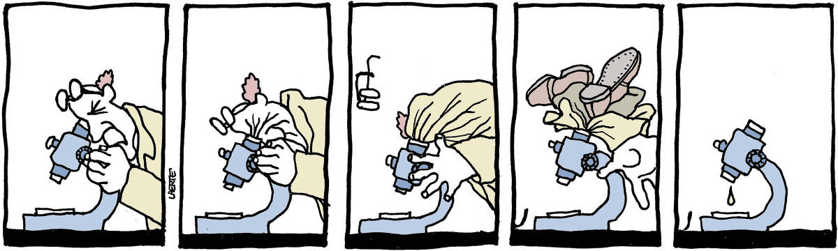 Tira de Laerte, em 5 quadrinhos. 1) Um pesquisador, óculos à testa, está olhando num microscópio. 2) O rosto do pesquisador se espreme junto à lente ocular do microscópio, ficando franzido. 3) A cabeça do pesquisador é sugada para dentro da lente ocular do microscópio; seus óculos voam. 4) O corpo inteiro do pesquisador é sugado pela lente ocular do microscópio. 5) O microscópio está sozinho em cena - de sua lente objetiva pinga uma gota do pesquisador.