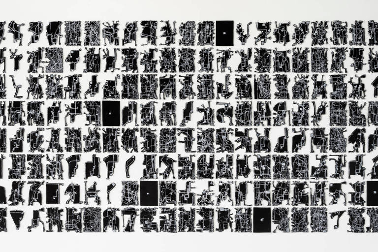 A imagem apresenta uma colagem composta por várias silhuetas em preto e branco, organizadas em uma grade. As silhuetas representam diferentes posturas e movimentos humanos, com algumas figuras em destaque e outras mais sutis. No centro da colagem, há uma área em branco que se destaca entre as silhuetas.
