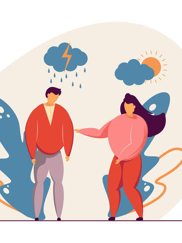 Ilustração vetorial de mulher apoiando amigo deprimid; conceito de conexão emocional e empatia