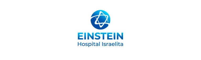 O logotipo apresenta um círculo azul com um símbolo estilizado que lembra uma estrela de David, acompanhado do nome 'EINSTEIN' em letras maiúsculas e a frase 'Hospital Israelita' logo abaixo, em uma fonte menor. O fundo é branco, destacando os elementos em azul.