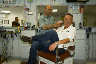 Bruce Springsteen at Joe's Barber Shop in Freehold, N.J., in June 2025. (Daniel Arnold/The New York Times)