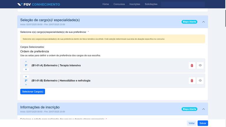 A imagem mostra uma interface de seleção de cargos ou especialidades do site FGV Conhecimento. Há uma seção destacada para a seleção de cargos, onde estão listados dois cargos preferenciais: 'Enfermeiro | Terapia Intensiva' e 'Enfermeiro | Hemodiálise e Nefrologia'. A interface também inclui botões para selecionar cargos e salvar as informações de inscrição.