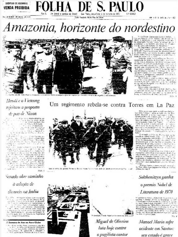 Prima pagina del Folha, 9 ottobre 1970
