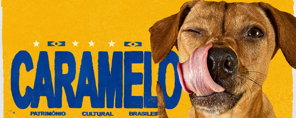 A imagem apresenta um cachorro de pelagem caramelo, com uma expressão divertida, mostrando a língua e piscando um olho. Ao fundo, há um fundo amarelo com o texto em destaque: 'CARAMELO' e as palavras 'PATRIMÔNIO CULTURAL BRASILEIRO'.
