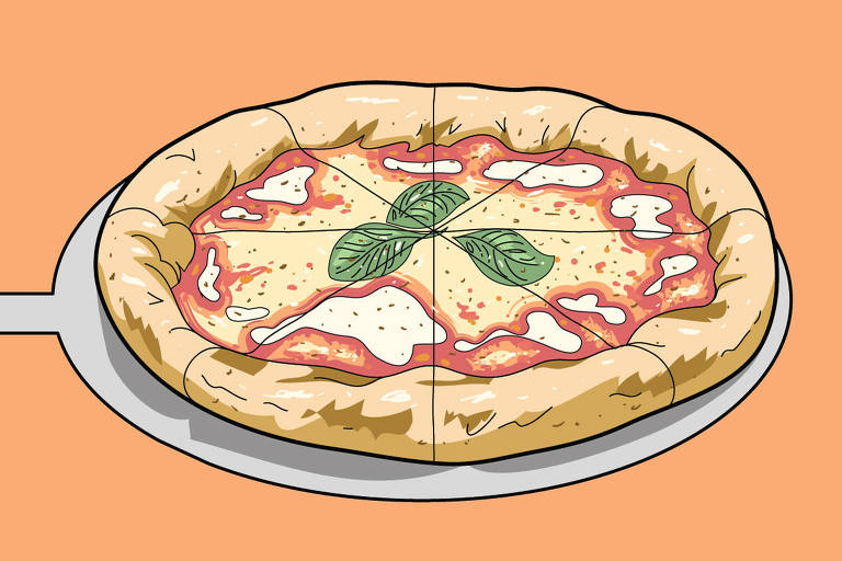 A imagem mostra uma pizza redonda com uma crosta dourada e recheio de queijo, molho de tomate e folhas de manjericão no centro. A pizza está cortada em fatias