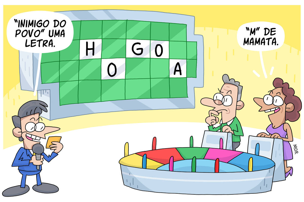 A charge mostra um Game Show com um apresentador e dois participantes. O apresentador lê um cartão em sua mão para os participantes: ""Inimigo do Povo" uma letra." e um dos participantes responde: ""M" de mamata.". Mais ao fundo temos um painel com as letras H_G_O  na primeira linha e na segunda _O__A.