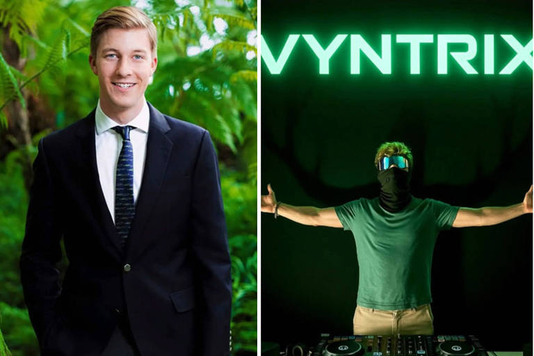 A imagem é dividida em duas partes. À esquerda, um homem sorridente está em um ambiente natural, cercado por plantas verdes, vestindo um terno escuro e uma gravata. À direita, um DJ está em um ambiente iluminado com luzes neon, usando uma máscara e óculos escuros, com as mãos levantadas em uma pose de performance. O nome 'VYNTRIX' está escrito em letras grandes e iluminadas acima do DJ.