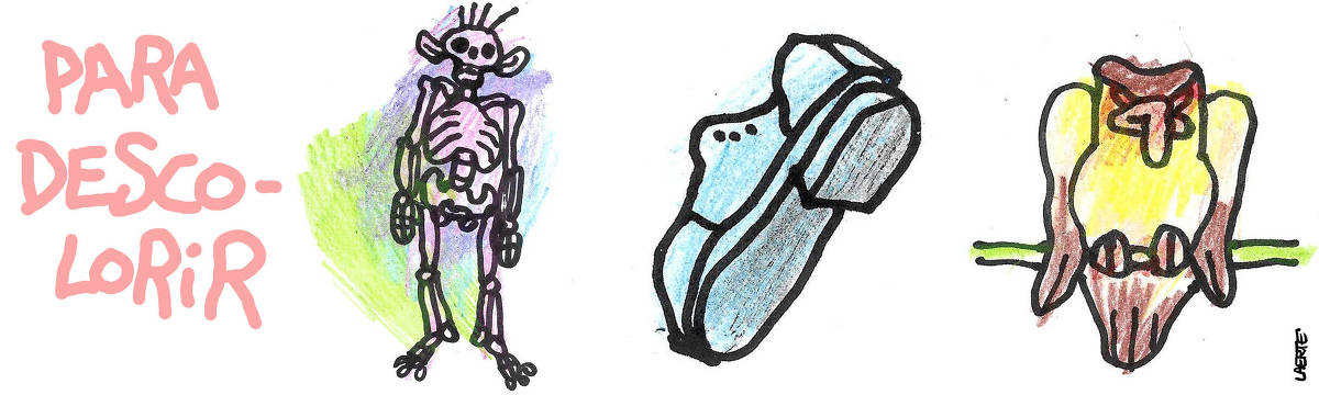 Tira de Laerte, com o título “PARA DESCOLORIR”. São 3 desenhos - um esqueleto com orelhas e uns fios de cabelo; um sapato e uma espécie de águia num galho - desenhados com traço preto e coloridos com lápis de cor.