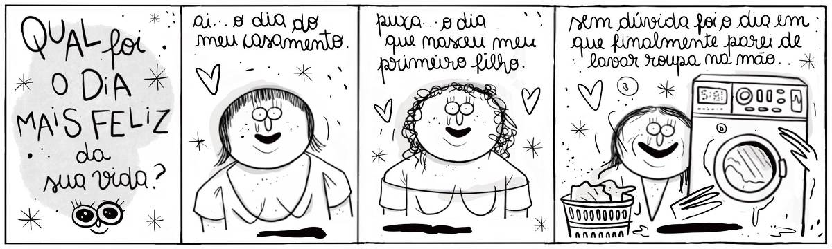 A tira Viver Dói, de Fabiane Langona, intitulada “Qual foi o dia mais feliz da sua vida?”, publicada em 04/11/2024 é composta por quatro quadros horizontais. O primeiro, dá lugar ao título. Nos seguintes, vemos três mulheres distintas. Elas estão sorridentes, visivelmente comovidas e cercadas por corações. A última, porém, abraça efusivamente uma maquina de lavar roupas, emocionada com sua conquista.  No quadrinho 1, lê-se o titulo: “Qual foi o dia mais feliz da sua vida?”.  No quadrinho 2, a personagem diz: “Ai... o dia do meu casamento.".  No quadrinho 3, a personagem diz: “Puxa... o dia que nasceu meu primeiro filho.".  No quadrinho 4, a personagem diz: Sem duvida foi o dia em que finalmente parei de lavar roupa na mão."