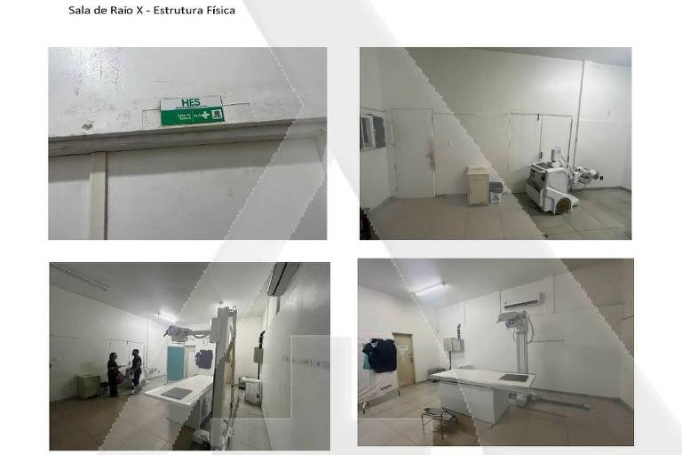 Imagem mostra recorte de relatório de auditoria do SUS sobre o Amapá, com fotografias da sala de raio-x do hospital de Santana