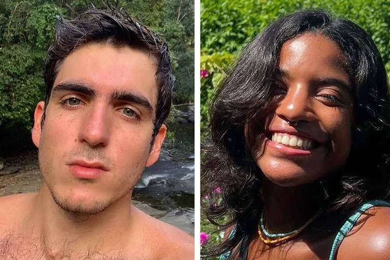 A imagem é dividida em duas partes. À esquerda, um jovem com cabelo escuro e curto, sem camisa, está em um ambiente natural com água ao fundo. À direita, uma jovem com cabelo solto e ondulado, sorrindo, está em um ambiente com vegetação ao fundo. Ambas as pessoas parecem estar aproveitando um dia ensolarado.