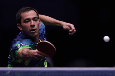 (250623) -- LJUBLJANA, June 23, 2025 (Xinhua) -- Hugo Calderano of Brazil hits a return during the men's singles final match against Felix Lebrun of France at the World Table Tennis (WTT) Star Contender Ljubljana 2025 in Ljubljana, Slovenia, June 22, 2025. (Photo by Zeljko Stevanic/Xinhua)
