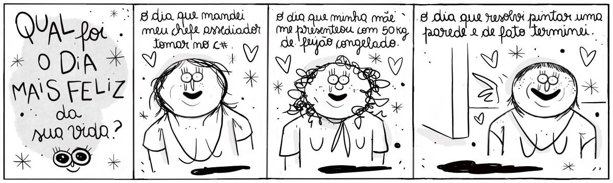 A tira Viver Dói, de Fabiane Langona,  intitulada “Qual foi o dia mais feliz da sua vida?”, publicada em 05/11/2024 é composta por quatro quadros horizontais. O primeiro, dá lugar ao título. Nos seguintes, vemos três mulheres distintas, sorridentes, emocionadas e cercadas por corações. A última, porém, aponta para uma parede que encontra-se atrás de si.  No quadrinho 1, lê-se o título: “Qual foi o dia mais feliz da sua vida?”.  No quadrinho 2, a personagem diz: "O dia que mandei meu chefe assediador tomar no c**”.  No quadrinho 3, a personagem diz: “O dia que minha mãe me presenteou com 50k de feijão congelado.”.  No quadrinho 4, a personagem diz: “O dia que resolvi pintar uma parede e de fato terminei.”.