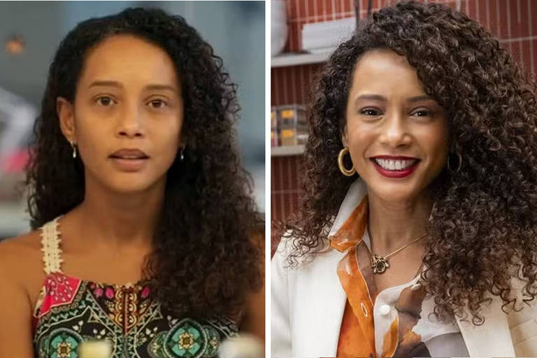A imagem é dividida em duas partes. À esquerda, uma mulher com cabelo cacheado e solto, usando uma blusa colorida com estampas, parece estar em um ambiente interno e tem uma expressão neutra. À direita, a mesma mulher aparece com um visual mais elaborado, usando um blazer branco e uma blusa laranja, sorrindo e com acessórios como brincos grandes. O fundo é de um ambiente moderno, possivelmente uma cozinha ou estúdio.