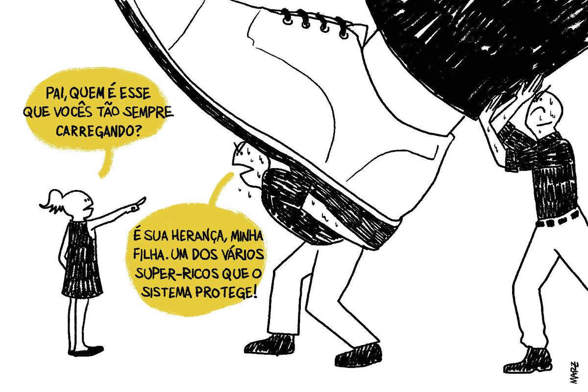 A charge de Marília Marz, publicada no dia 05 de julho, mostra uma menina perguntando ao pai: "Pai, quem é esse que vocês estão sempre carregando?". O pai, que se encontra na frente da filha segurando o pé de um homem gigante, que não aparece por completo no quadro, responde: "É sua herança, minha filha. Um dos vários super-ricos que o sistema protege!". Um outro homem também está ajudando a carregar o gigante.