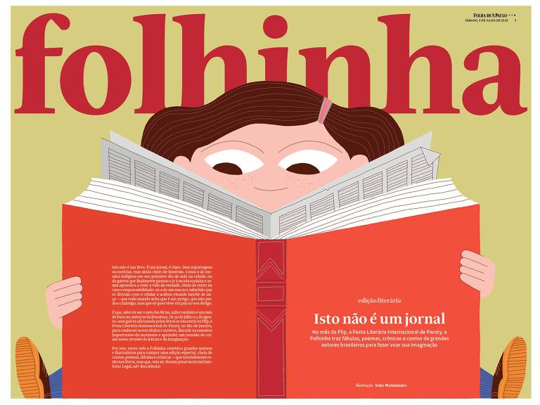 A imagem apresenta uma ilustração colorida de uma criança lendo um livro grande e vermelho. A criança tem cabelo castanho e usa uma camiseta azul. O fundo é amarelo e o título 'folhinha' está escrito em letras grandes e vermelhas na parte superior. Abaixo do título, há um texto que diz 'Isto não é um jornal'.