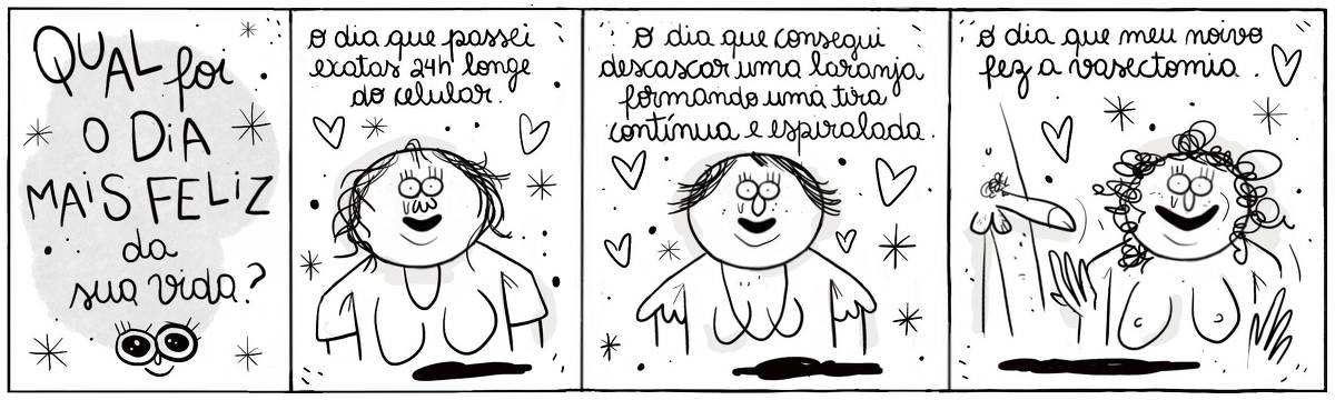 A tira Viver Dói, de Fabiane Langona,  intitulada “Qual foi o dia mais feliz da sua vida?”, publicada em 07/11/2024 é composta por quatro quadros horizontais. O primeiro, dá lugar ao titulo. Nos seguintes, vemos três mulheres distintas, sorridentes, emocionadas e cercadas por corações. A última, porém, está ao lado de um homem nu com o pênis ereto.  No quadrinho 1, lê-se o titulo: “Qual foi o dia mais feliz da sua vida?”,  No quadrinho 2, a personagem diz: “O dia que passei exatas 24h longe do celular.”.  No quadrinho 3, a personagem diz: “O dia que consegui descascar uma laranja formando uma tira contínua e em espiral.”.  No quadrinho 4, a personagem diz: “O dia que meu noivo fez a vasectomia.”