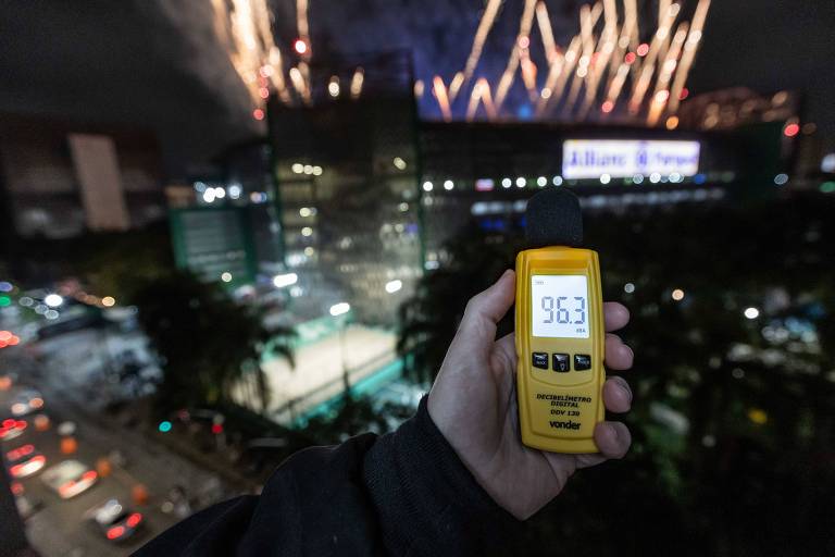 A imagem mostra uma mão segurando um medidor de decibéis, que exibe o valor de 96.3 dB. Ao fundo, há um espetáculo de fogos de artifício iluminando o céu noturno, com um grande edifício visível, possivelmente um estádio, onde está escrito 'Allianz Parque'. A cena é urbana, com luzes de carros e árvores na parte inferior da imagem.