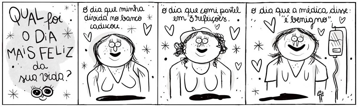 A tira Viver Dói, de Fabiane Langona,  intitulada “Qual foi o dia mais feliz da sua vida?”, publicada em 08/11/2024 é composta por quatro quadros horizontais. O primeiro, dá lugar ao título. Nos seguintes, vemos três mulheres distintas, sorridentes, emocionadas e cercadas por corações. A última, porém, tem um suporte de soro hospitalar junto de si acompanhado de um curativo no braço.  No quadrinho 1, le-se o titulo: “Qual foi o dia mais feliz da sua vida?”,  No quadrinho 2, a personagem diz: “O dia que minha divida no banco caducou.”.  No quadrinho 3, a personagem diz: “O dia que comi pastel em três refeições”. No quadrinho 4, a personagem diz: “O dia que a médica disse: ‘É benigno.’”. 