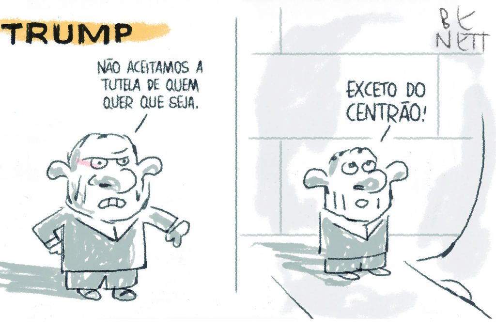 Uma charge em preto e branco com toques de cor. À esquerda, Lula com expressão zangada diz: "NÃO ACEITAMOS A TUTELA DE QUEM QUER QUE SEJA." À direita, o presidente, com uma expressão mais neutra, responde: "EXCETO DO CENTRÃO!" O título da charge é "TRUMP".