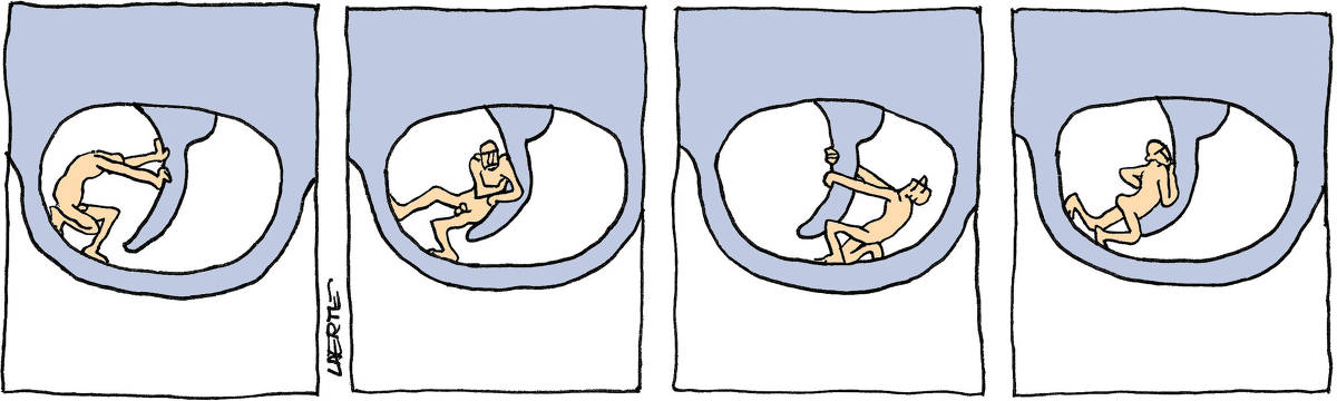 Tira de Laerte, em 4 quadrinhos. Em todos eles, um ser humano, nu, tenta mover um enorme gatilho de revólver, sem conseguir. Faz uma força enorme e tenta movimentar o gatilho em várias posições. E nada.