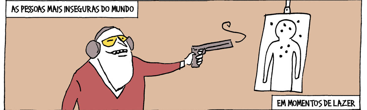 A tira de André Dahmer, publicada em 09.07.2025, tem apenas um quadro. Com a legenda que diz "As pessoas mais inseguras do mundo em momentos de lazer", mostra um atirador, feliz, conferindo os disparos em um alvo, em um campo de treino.