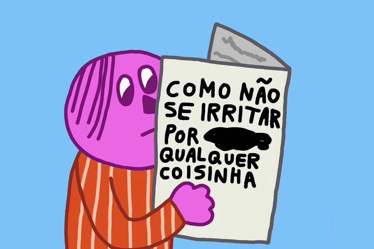A imagem mostra um personagem de cor rosa, com cabelo listrado e olhos grandes, segurando um cartaz. O cartaz contém o texto: 'COMO NÃO SE IRRITAR POR QUALQUER COISINHA'. O fundo é azul claro.