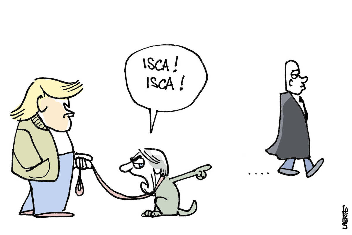 Charge de Laerte. Donald Trump segura a correia de um cachorro. O cachorro é Jair Bolsonaro, num corpo de cachorro. A uma certa distância, está passando Alexandre de Moraes, de toga. O cachorro aponta Moraes e diz, para Trump: “Isca! Isca!”