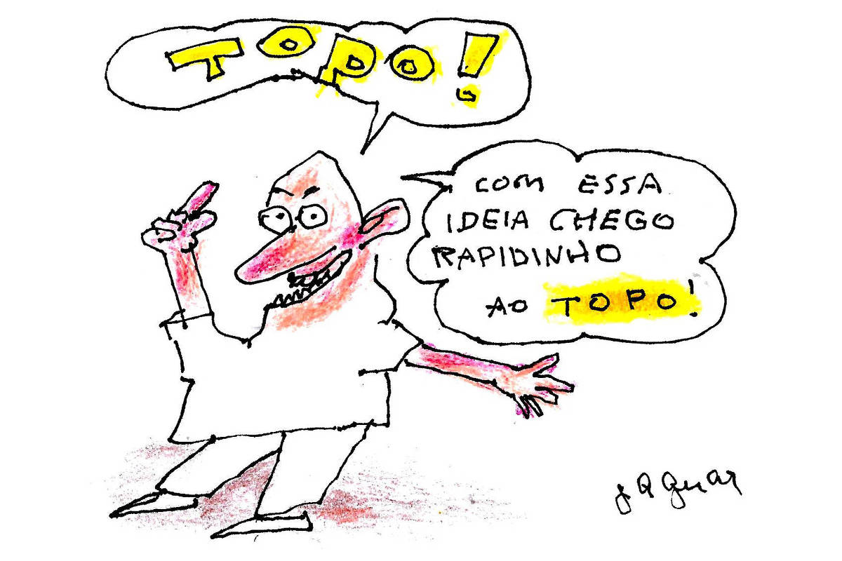 A imagem é um desenho humorístico de um personagem com um sorriso largo e expressão animada. Ele está vestindo uma camisa branca e gesticulando com uma mão, enquanto segura um objeto na outra. Acima dele, há um balão de fala com a palavra "TOPO!" em letras grandes e amarelas. Ao lado, outro balão de fala diz: "com essa ideia chego rapidinho ao TOPO!". O fundo é simples, destacando o personagem e as falas.
