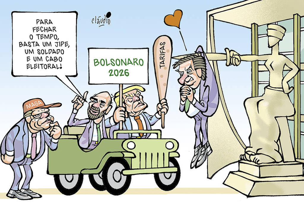 A charge mostra uma cena em frente do Supremo Tribunal Federal. Jair Bolsonaro aparece pendurado na espada da estátua da Justiça. Na frente da escultura, está Donald Trump ao volante de um jipe. Ele segura com a mão direita um cartaz com a inscrição “Bolsonaro 2026”. Com a mão esquerda ele segura um porrete com a palavra “Tarifas”. Ao seu lado, no banco do carona está Eduardo Bolsonaro, que diz para o governador Tarcísio de Freita, que aparece em pee do lado e fora:  - Para fechar o tempo, basta um jipe, um soldado e um cabo eleitoral!  Tarcísio de Freitas usa um boné vermelho com a palavra “Maga”.