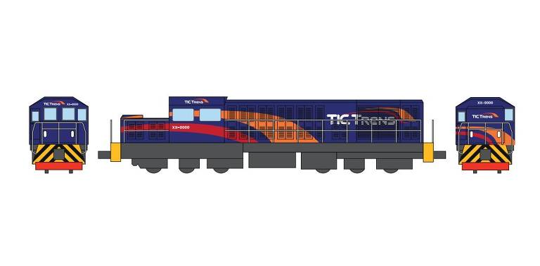 A imagem apresenta uma locomotiva de trem estilizada, com um design moderno e cores vibrantes. A locomotiva é predominantemente azul com detalhes em laranja e amarelo. Existem duas cabines de controle em cada extremidade, também com cores semelhantes. O design é simplificado e não apresenta muitos detalhes, focando nas formas e cores