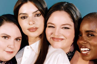 From left, Lena Dunham with the co-stars of her new Netflix series ÒToo Much,Ó Emily Ratajkowski, Megan Stalter and Janicza Bravo, in New York on June 5, 2025. (Caroline Tompkins/The New York Times)