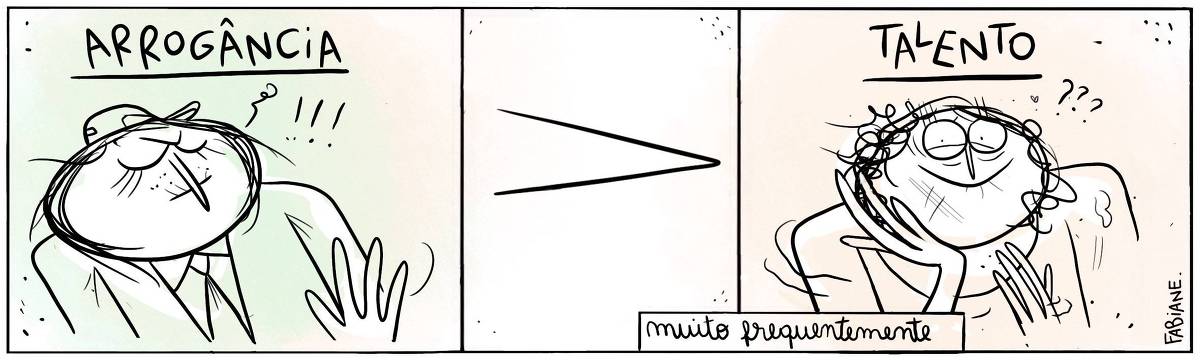 A tira Viver Dói, de Fabiane Langona, publicada em 14/07/25 é composta por três quadros horizontais. No primeiro quadro mostra um personagem com expressão convencida, vestindo terno, gravata e um boné. No segundo, há um símbolo de maior que (>), indicando uma comparação. No terceiro, vemos outro personagem expressando um sorriso triste, mostrando-se um tanto bagunçado e descuidado, veste uma boina. No quadrinho 1, uma legenda narrativa no topo do quadro diz: “Arrogancia”.  No quadrinho 2, uma legenda narrativa no topo do quadro diz: “Talento”.  Ainda no quadrinho 2, outra legenda narrativa, agora na base do quadro, diz: “Muito frequentemente.”. 