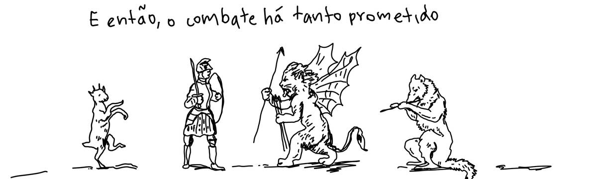 A tirinha em preto e branco de Estela May, publicada em 14/07/25, traz um leão com asas começando a lutar com uma mulher vestida de solado. Há um lobo tocando flauta e um bode dançando ao redor dos dois. Acima, “E então, o combate há tanto prometido”.