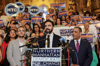U.S. Rep. Espaillat (D-NY) and NY mayoral candidate Mamdani attend a press conference, in New York City