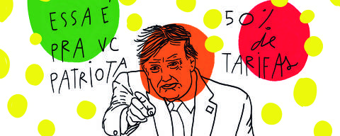Ilustração de Luiza Pannunzio para coluna de Ricardo Araújo Pereira de 13 de julho de 2025