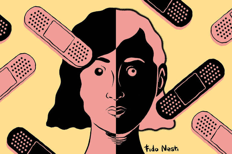 A imagem apresenta uma ilustração de uma mulher dividida ao meio. O lado esquerdo é em tons de rosa, enquanto o lado direito é em preto. A mulher tem uma expressão neutra e olhos grandes. Ao redor dela, há vários curativos adesivos em um fundo amarelo. No canto inferior direito, está a assinatura 'Fido Nesti'.