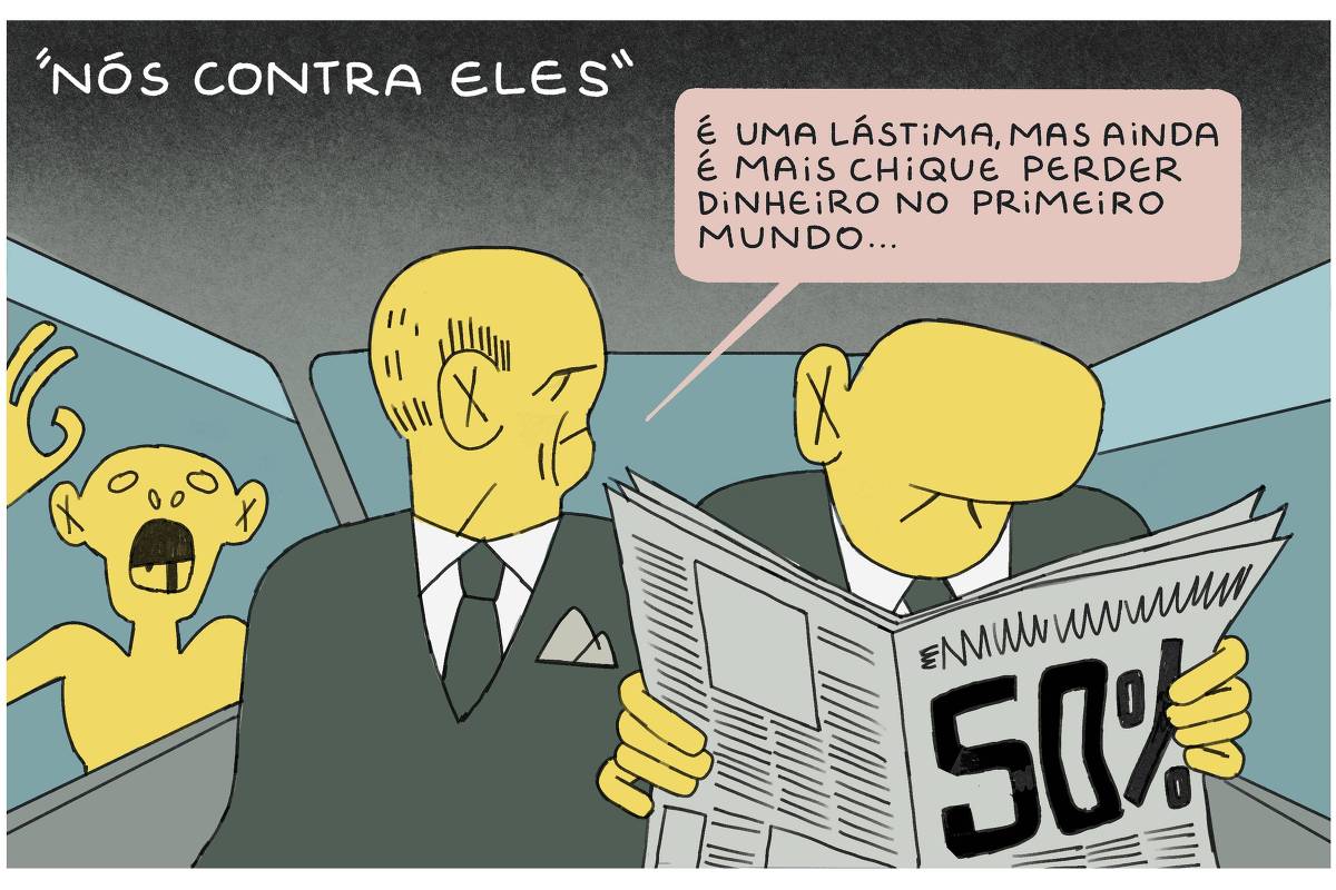 A imagem é uma tira de quadrinhos que apresenta dois personagens com cabeças amarelas e traços simples, vestidos de terno. Um deles está lendo um jornal que exibe a manchete '50%'. O outro personagem, que parece estar em uma posição de escuta, comenta sobre a situação, dizendo: 'É uma lástima, mas ainda é mais chique perder dinheiro no primeiro mundo...'. Ao fundo, há uma figura esquelética e fantasmagórica, que parece estar em uma posição de desespero ou tristeza, simbolizando a desigualdade social.