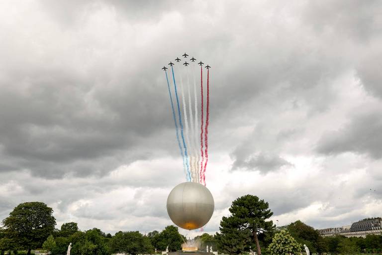 A imagem mostra um grande balão esférico no centro, com uma formação de aviões de caça voando acima dele. Os aviões estão deixando rastros de fumaça nas cores azul, branco e vermelho, que se dispersam no céu nublado. O fundo é composto por árvores e um céu com nuvens escuras.