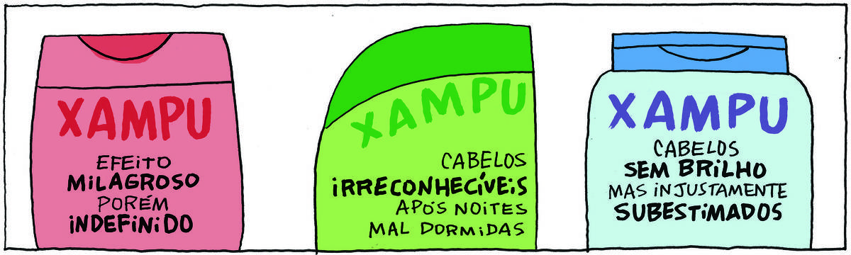 A tirinha Bicudinho, publicada em 15/07/2025, traz três embalagens de xampu. Na primeira está escrito: Efeito milagroso porém indefinido. Na segunda está escrito: Cabelos irreconhecíveis após noites mal dormidas. Na terceira está escrito: Cabelos sem brilho mas injustamente subestimados.