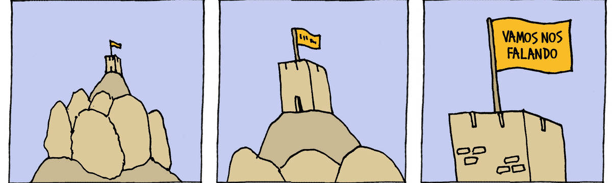 A tira de André Dahmer, publicada em 15.07.2025, tem três quadros. No primeiro, há uma torre isolada construída sobre rochas. É possível ver uma bandeira tremulando. No segundo quadro, há um close na torre, mas ainda não é possível ler o que está escrito na bandeira. No terceiro e último quadrinho, sob um close ainda maior, é possível ler na bandeira: "Vamos nos falando".