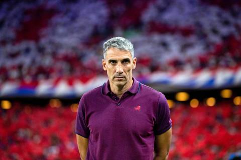 Fortaleza's Argentine coach Juan Pablo Vojvoda looks on during the Copa Sudamericana quarter-final first leg all-Brazilian football match between Fortaleza and Corinthians, at the Arena Castelao stadium in Fortaleza, Brazil, on September 17, 2024. (Photo by Thiago Gadelha / AFP)