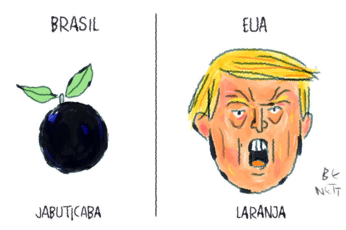 A charge de hoje da Folha, publicada em todas as suas plataformas, é de Benett (@cartunistabenett). O desenho é dividido em duas partes. No lsquerdo, sob a palavra "BRASIL", há a imagem de uma jabuticaba, uma fruta escura e redonda nativa do Brasil, com algumas folhas. Abaixo da fruta, está escrita a palavra "JABUTICABA". No lado direito, sob a palavra "EUA", está o rosto caricato de Donald Trump, com sua característica cabeleira loira e uma expressão de raiva ou irritação, com a boca aberta e dentes à mostra. Abaixo do rosto, está escrita a palavra "LARANJA".