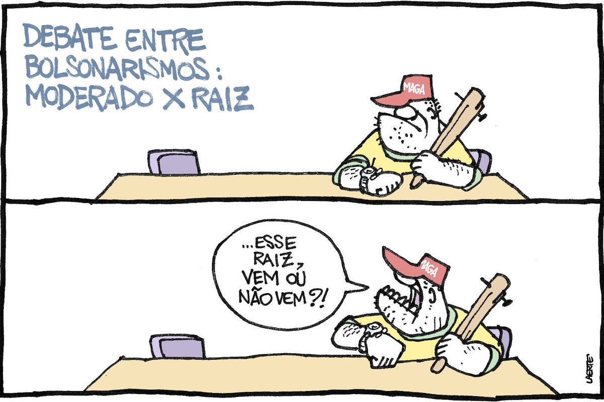 Charge de Laerte, em 2 cenas, com o título “DEBATE ENTRE BOLSONARISMOS: MODERADO VERSUS RAIZ” 1) Mesa de debates, com uma cadeira vazia. Na outra está um homem, truculento, com boné do Trump, escrito “MAGA”, camisa amarela e segurando um porrete. 2) O homem ergue o braço do relógio e grita para alguém fora de cena: “…ESSE RAIZ, VEM OU NÃO VEM?!”