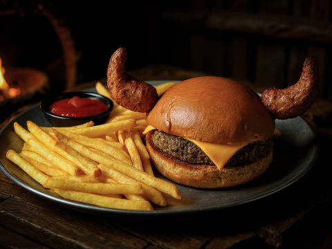 Guerreirinho burger, do Vikings, restaurante temático no Tatuapé