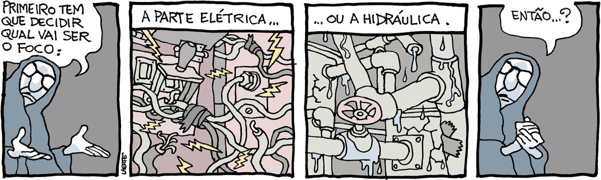 Tira de Laerte, em 4 quadrinhos. 1) Uma figura com manto, de aspecto sombrio, fala: “Primeiro tem que decidir qual vai ser o foco:” 2) Emaranhado de fios elétricos mal encapados, chaves e junções em estado precário, soltando faíscas pra todo lado. A fala da figura continua: “…a parte elétrica…” 3) Confusão de canos vazando, desajustados, com remendos mal feitos, pingando água em todos os lugares. A fala continua: “…ou a hidráulica”. 4) A figura de manto conclui, perguntando: “Então…?”
